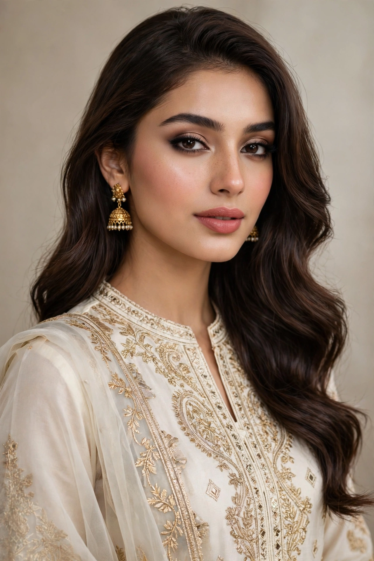 Wajd's model with long dark-brown wavy hair and soft glam makeup, wearing an ivory kurti with gold embroidery and gold jhumka earrings, against a warm beige backdrop